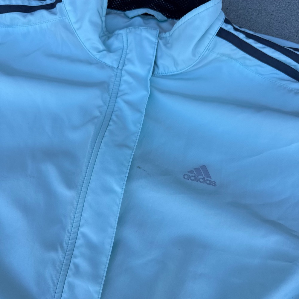 Adidas ClimaProof Windbreaker Jacket Women XL Light Blue Full Zip 3 Stripe - Picture 3 of 9